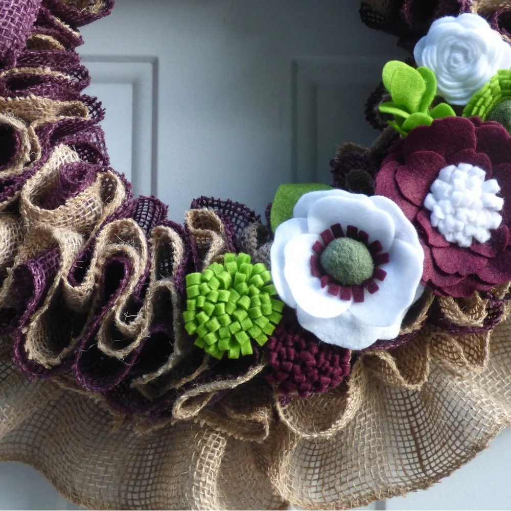 Burlap Wreath with Felt Flowers.